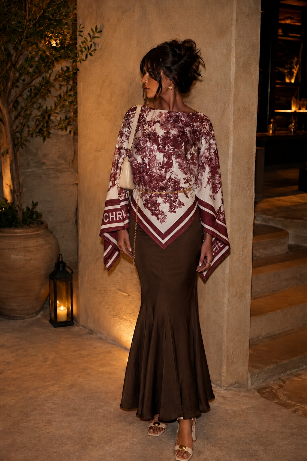 Printed Poncho Blouse – Burgundy