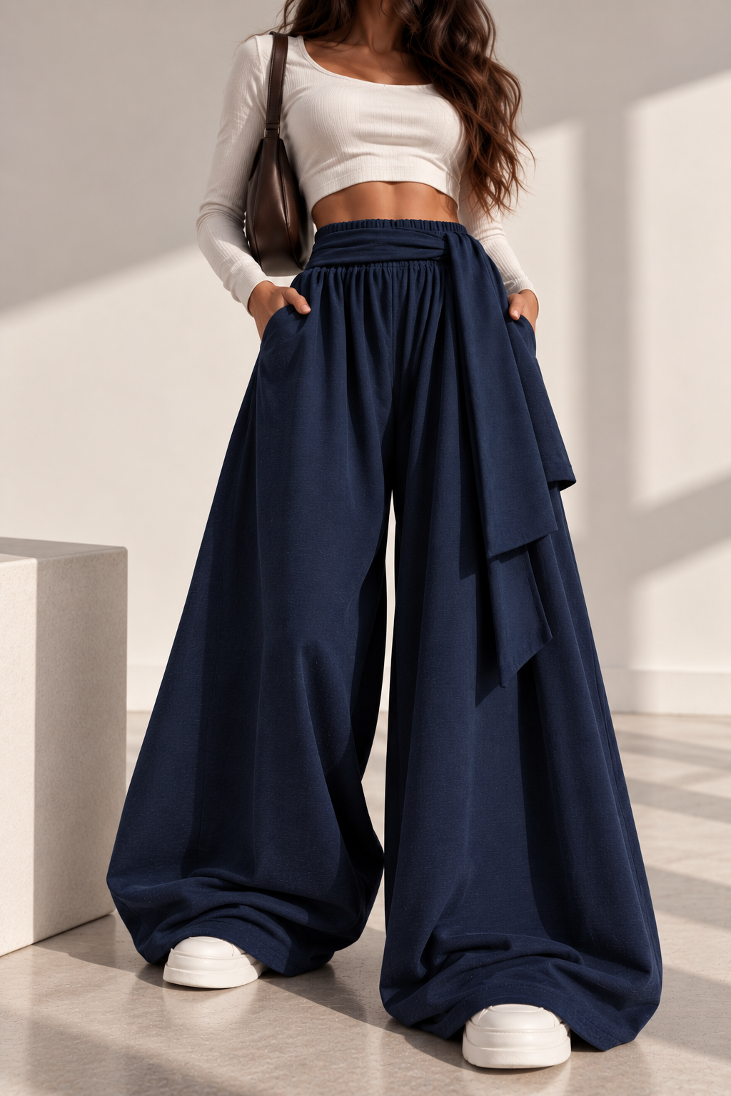 Draped Wide-Leg Pants – Navy