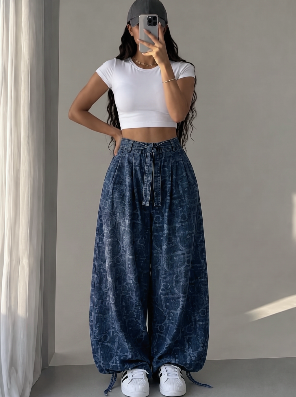 Washed Leaf Denim Wide-Leg Pants