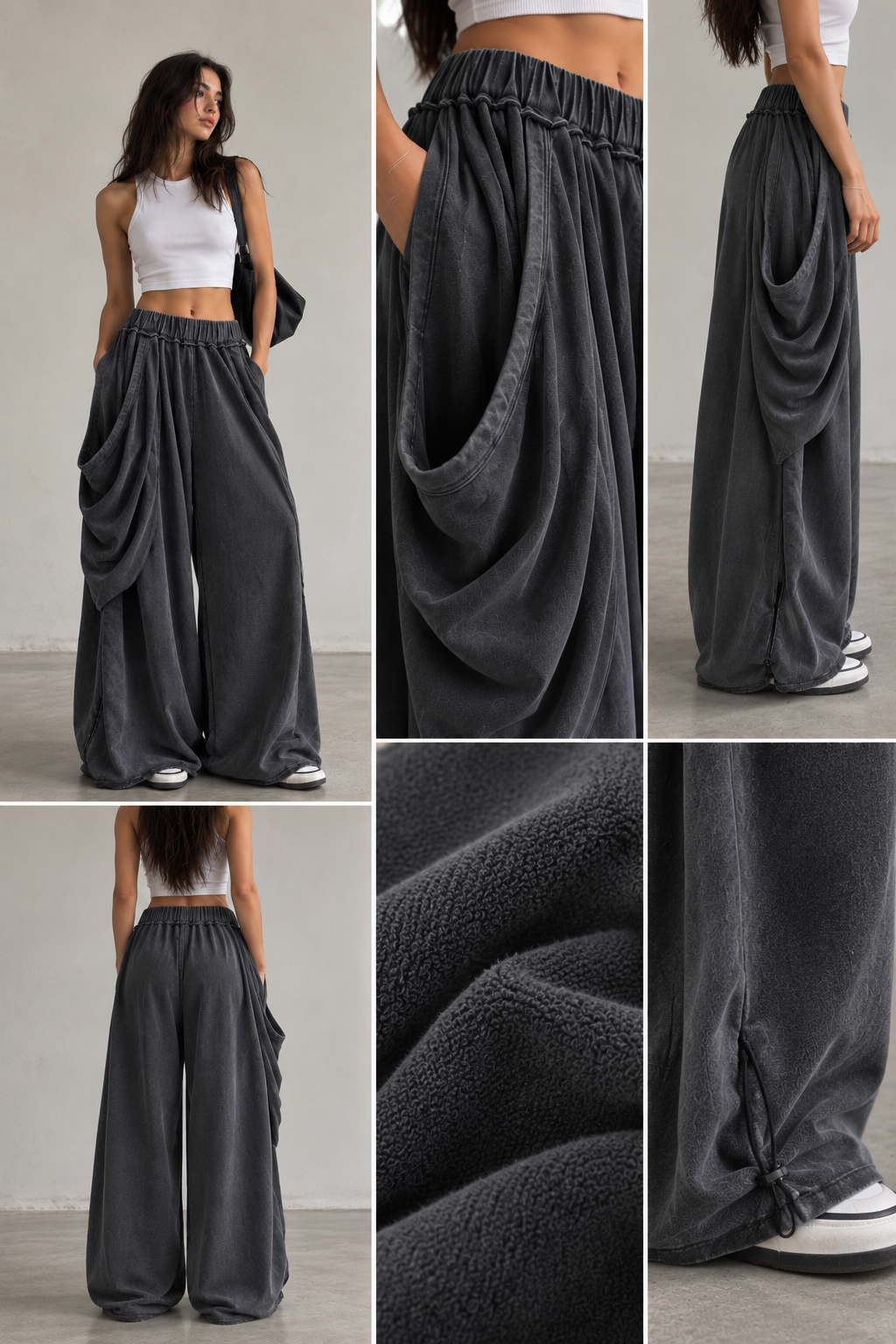 Draped Wide-Leg Pants – Charcoal Grey