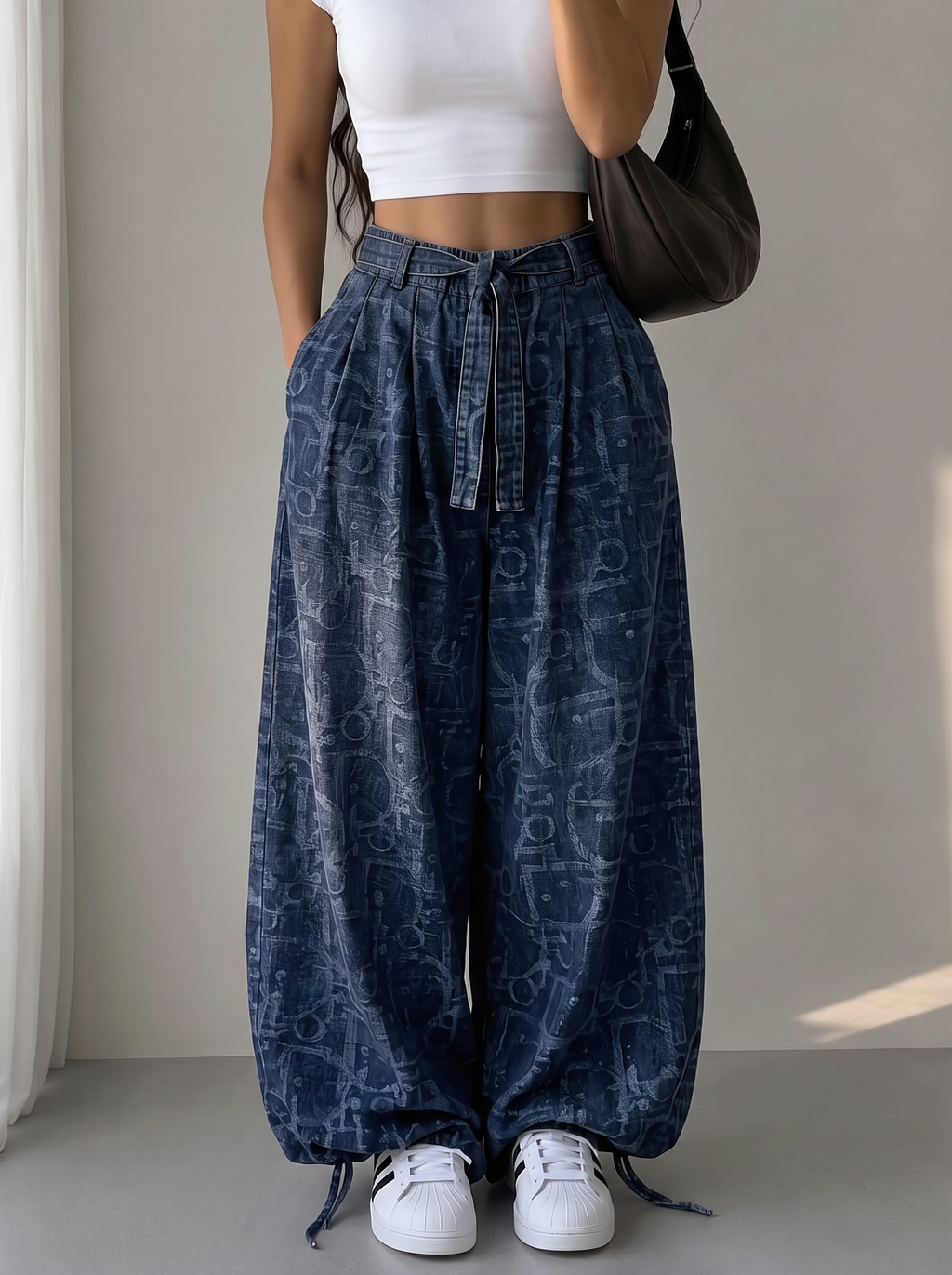 Washed Leaf Denim Wide-Leg Pants