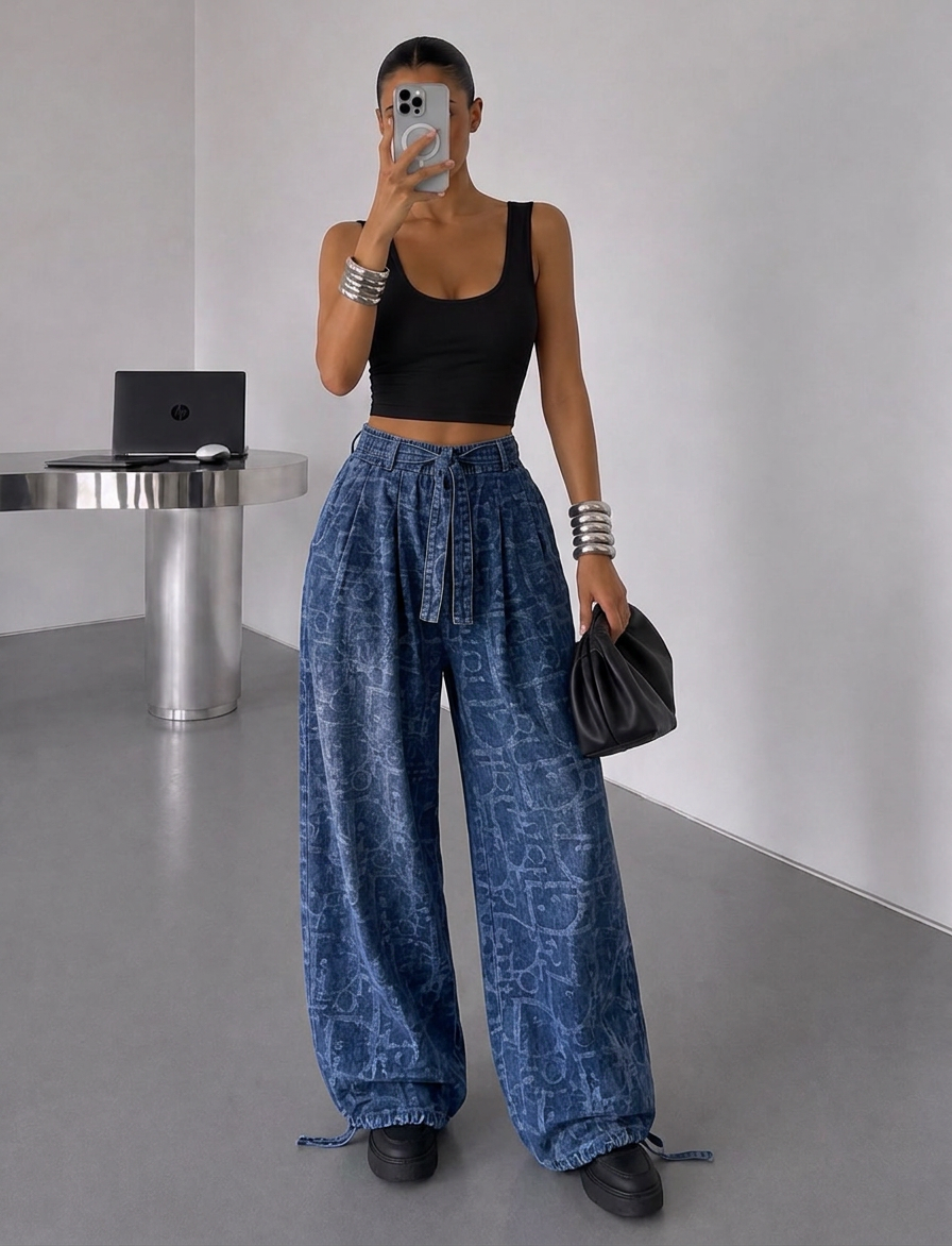 Washed Leaf Denim Wide-Leg Pants
