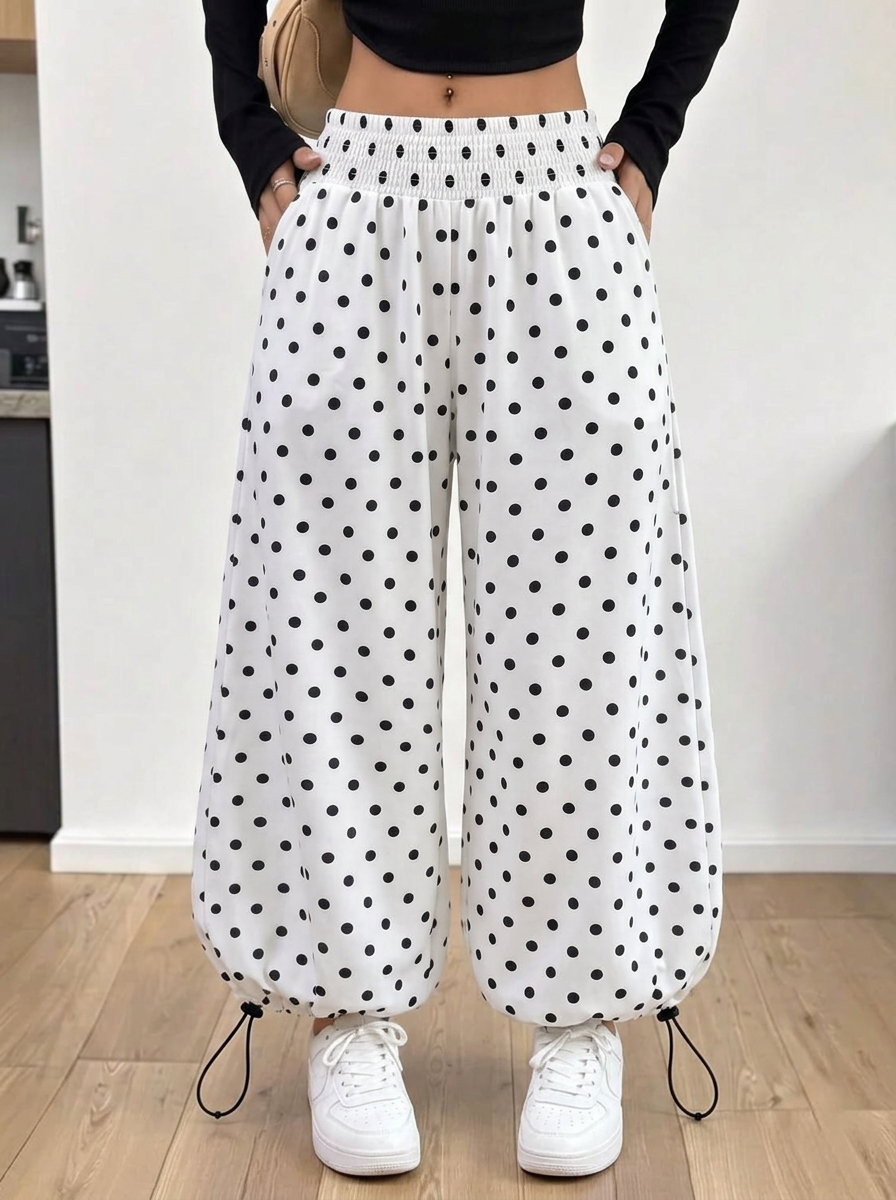Polka Dot Wide Leg Pants – white