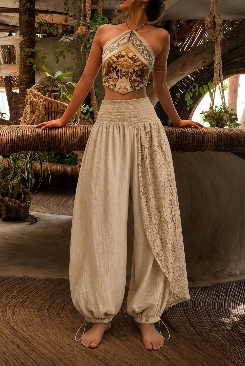 Linen Lace Pants – beige
