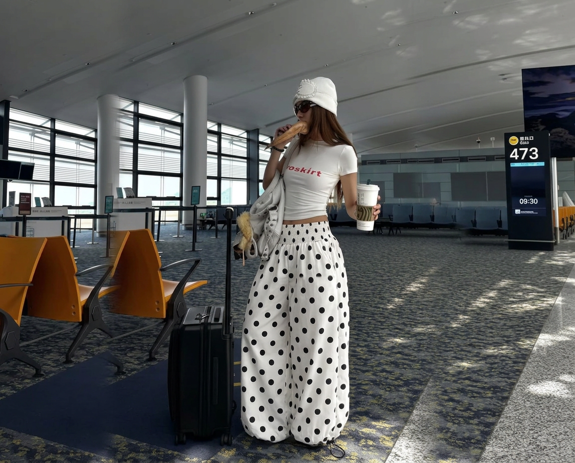 Polka Dot Wide Leg Pants – white