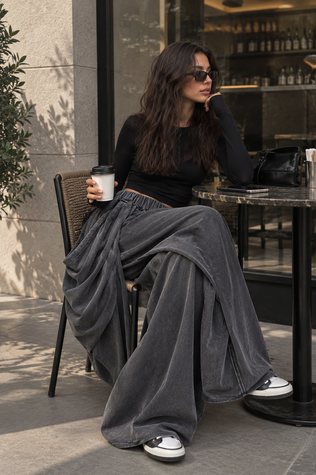 Draped Wide-Leg Pants – Charcoal Grey