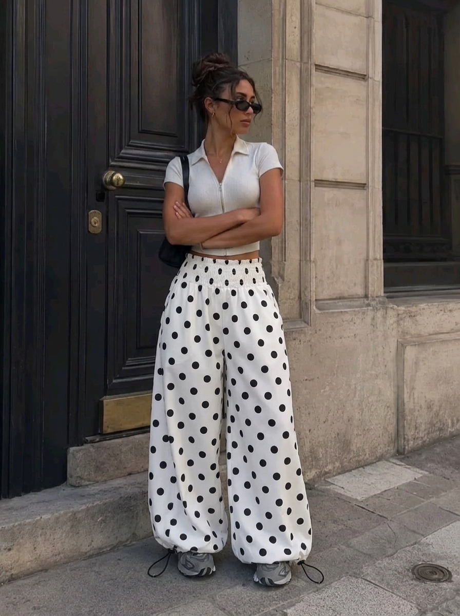 Polka Dot Wide Leg Pants – white