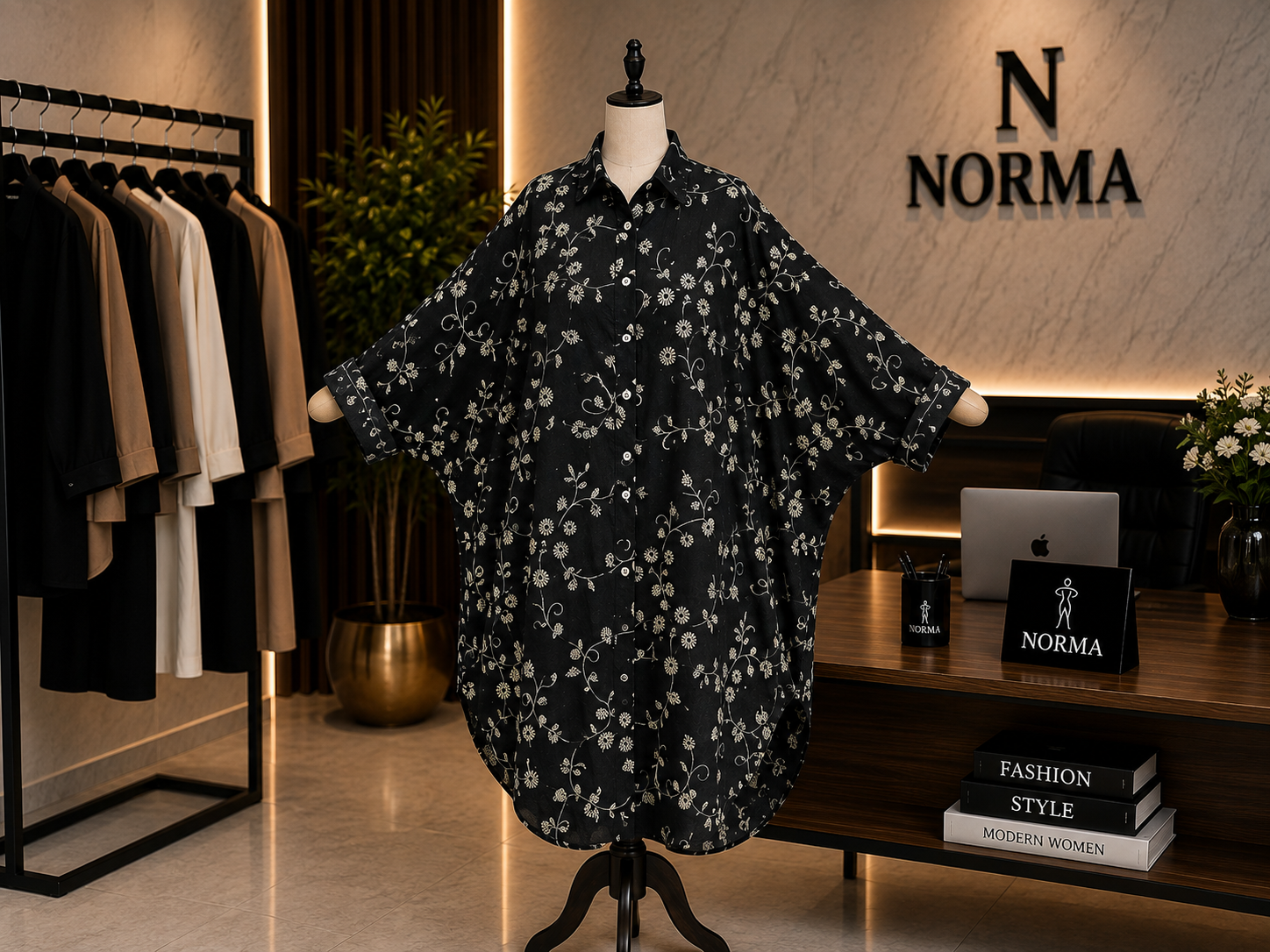 Embroidered Oversized Shirt Dress – Black