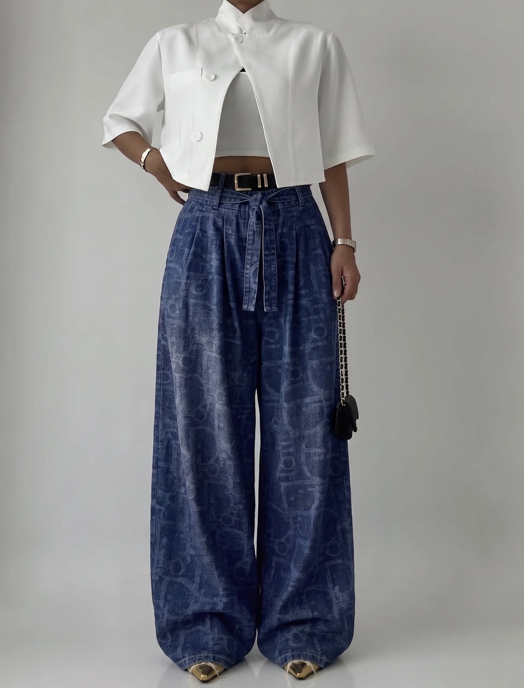 Washed Leaf Denim Wide-Leg Pants
