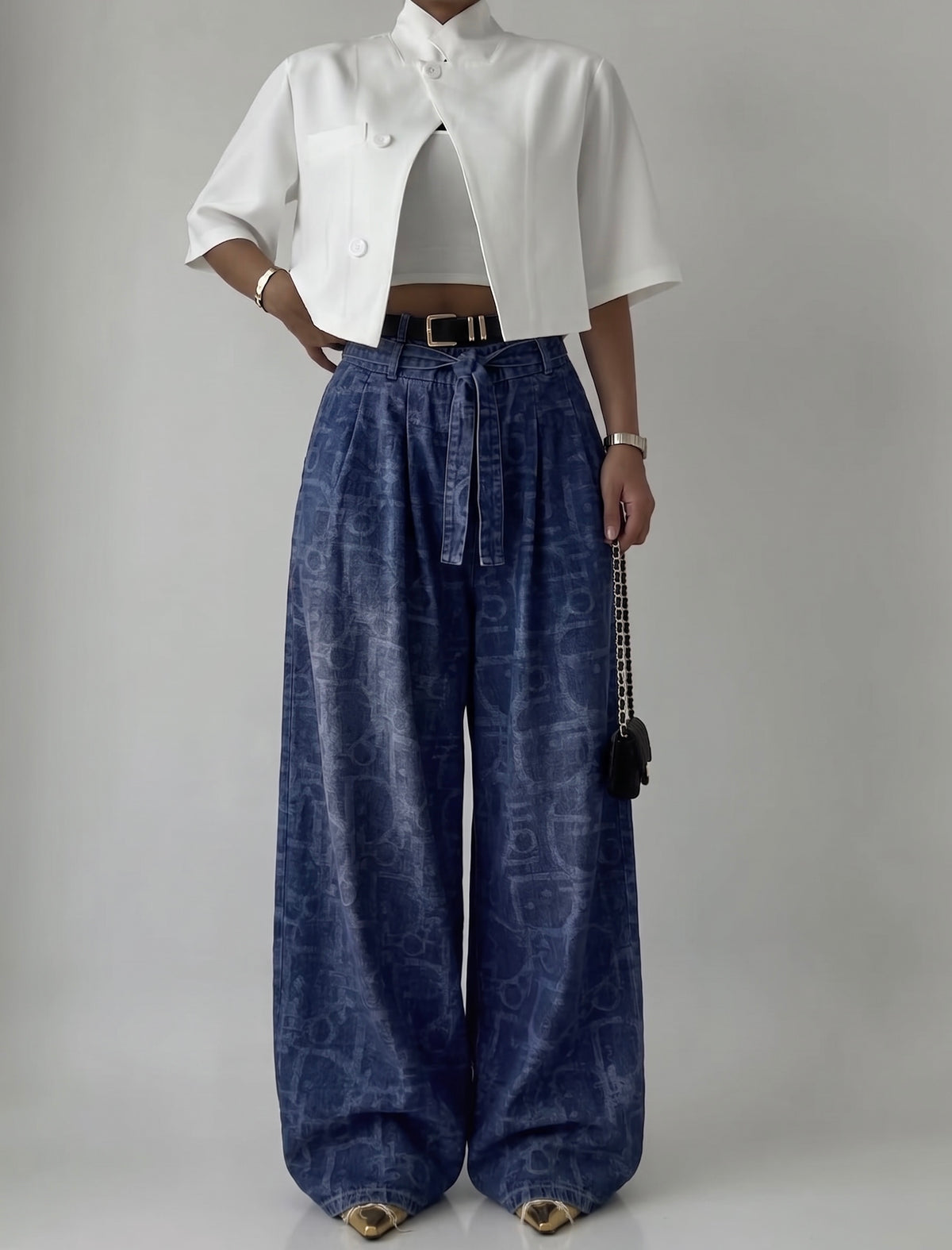 Washed Leaf Denim Wide-Leg Pants