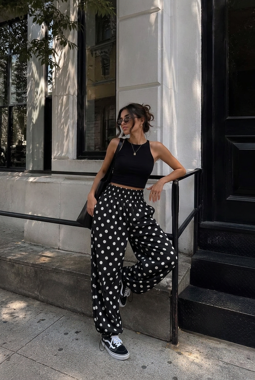 Polka Dot Wide Leg Pants – black