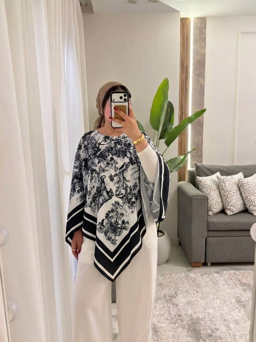 Printed Poncho Blouse – black