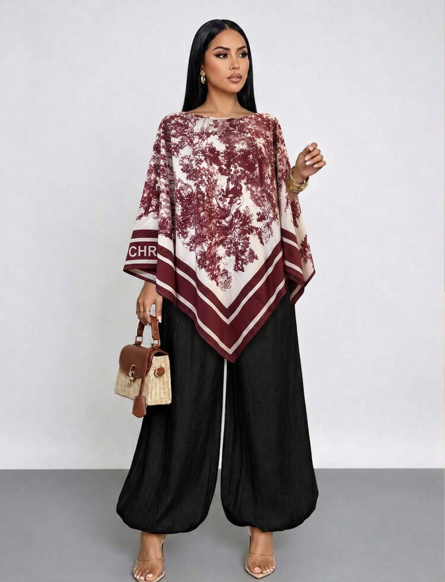 Printed Poncho Blouse – Burgundy