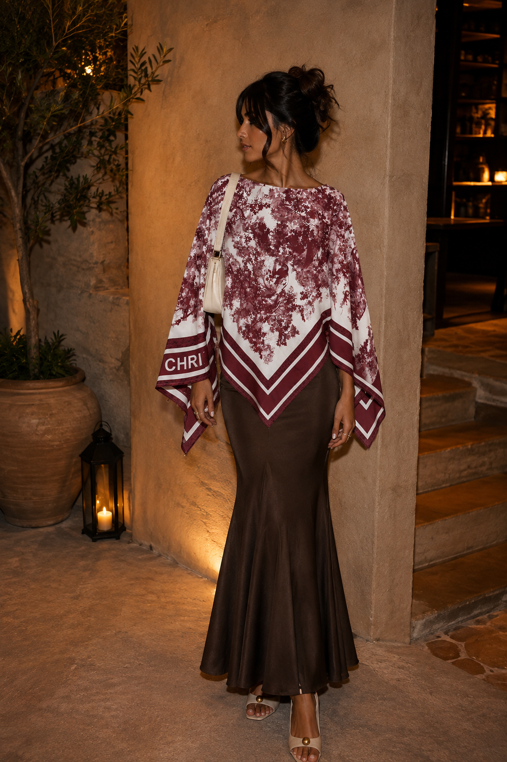 Printed Poncho Blouse – Burgundy