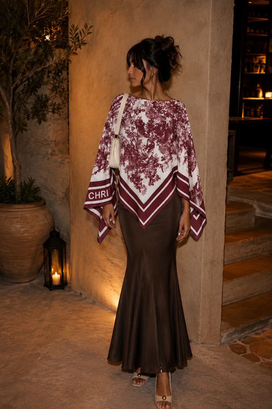 Printed Poncho Blouse – Burgundy