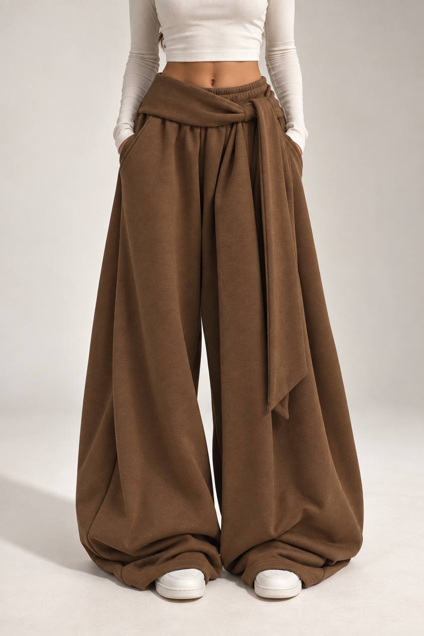 Draped Wide-Leg Pants – Brown