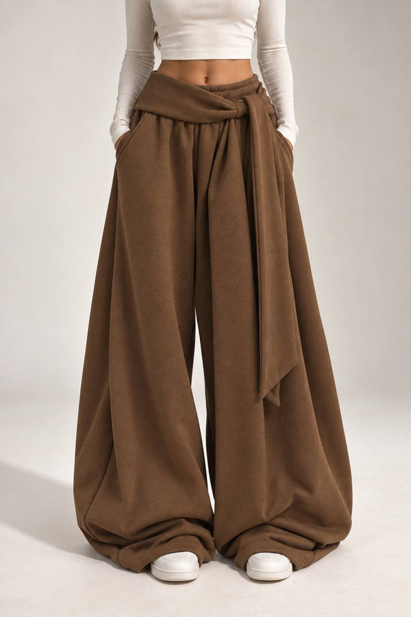 Draped Wide-Leg Pants – Brown