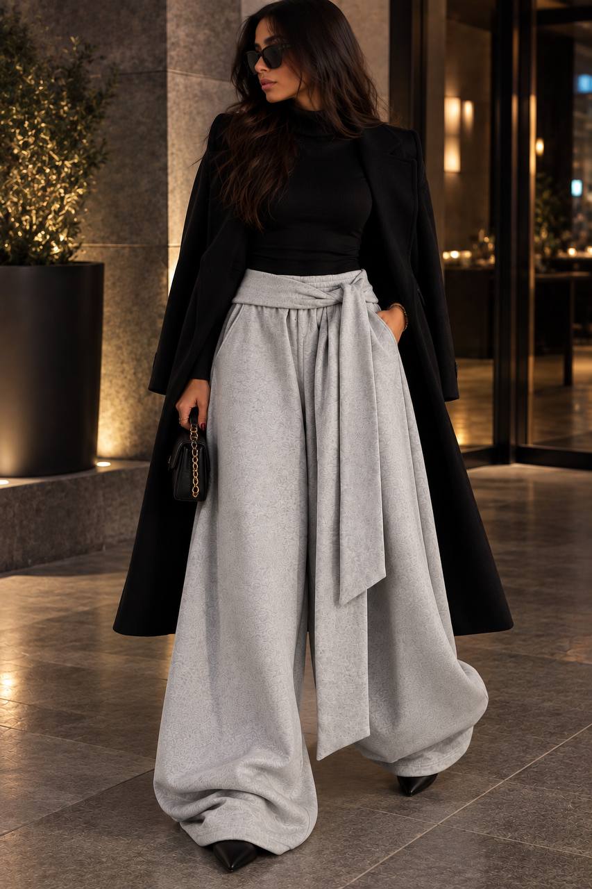 Draped Wide-Leg Pants – Light Grey