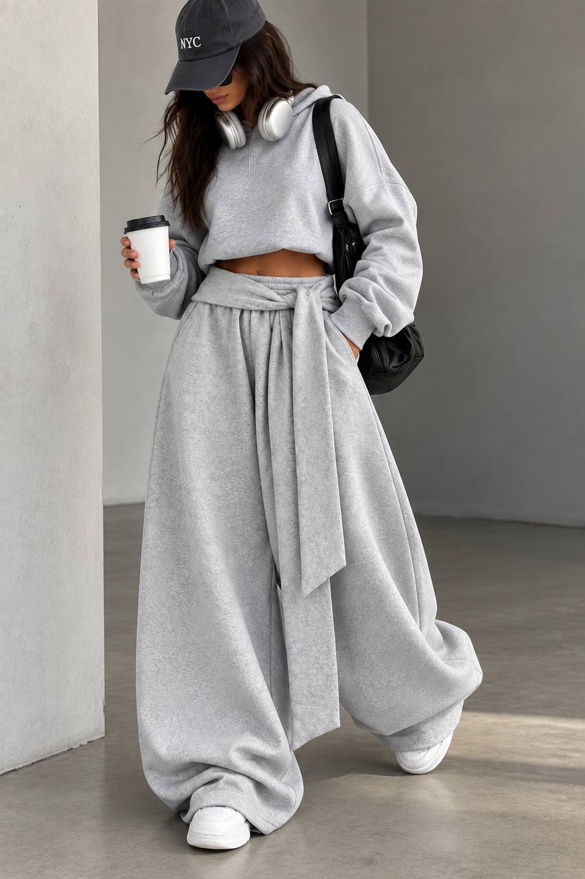 Draped Wide-Leg Pants – Light Grey