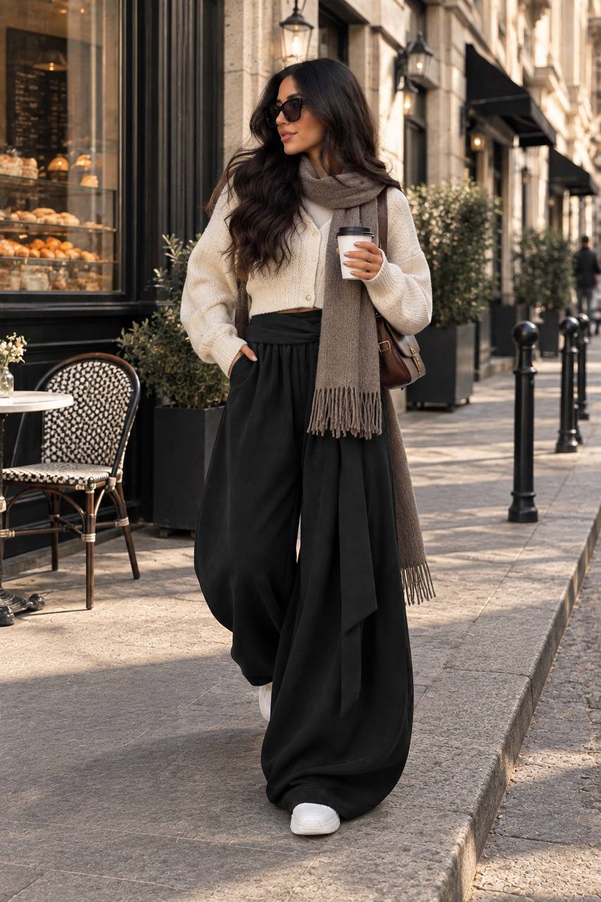 Draped Wide-Leg Pants – Black