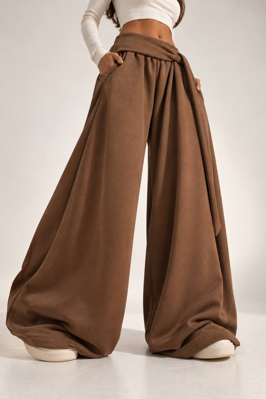 Draped Wide-Leg Pants – Brown