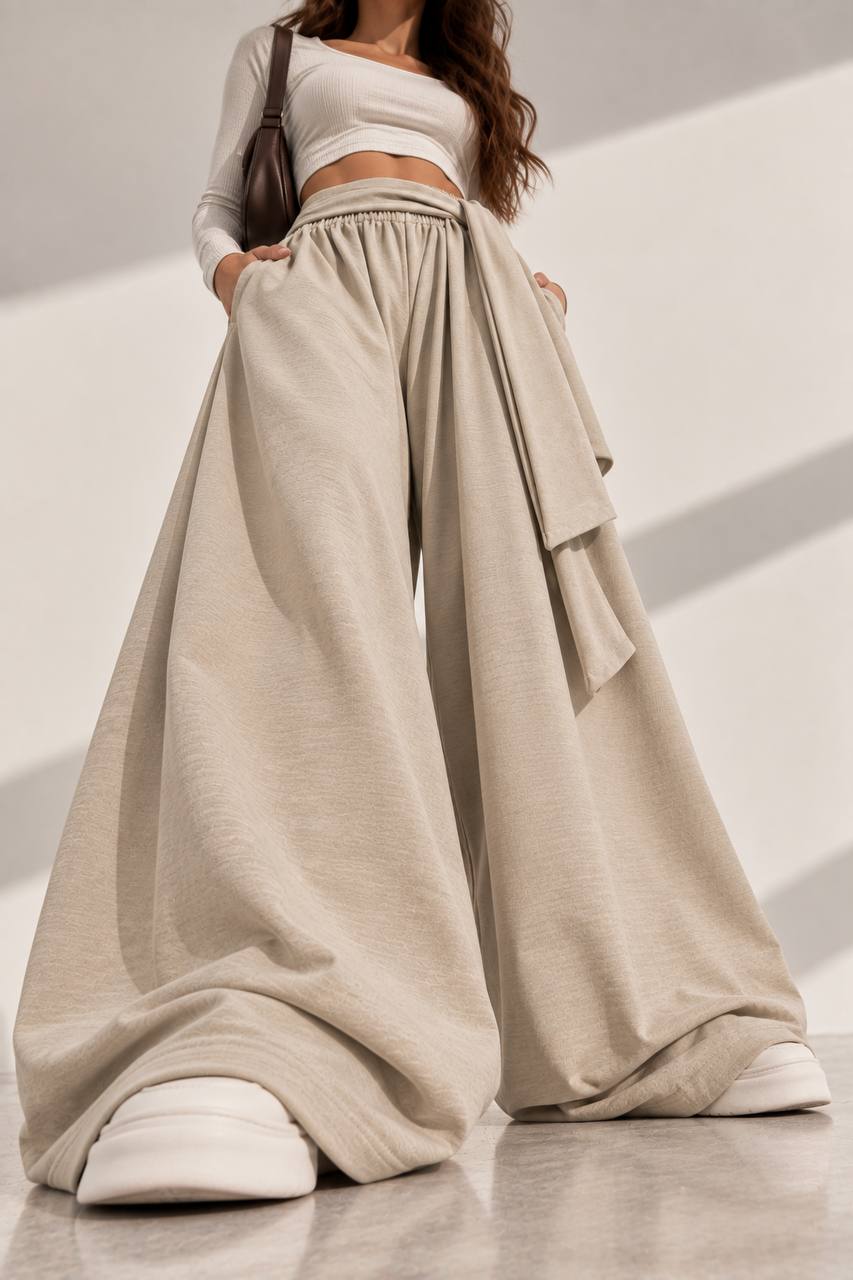 Draped Wide-Leg Pants – Beige