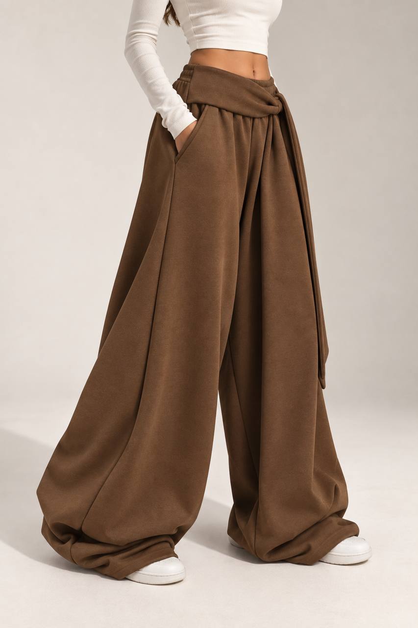 Draped Wide-Leg Pants – Brown