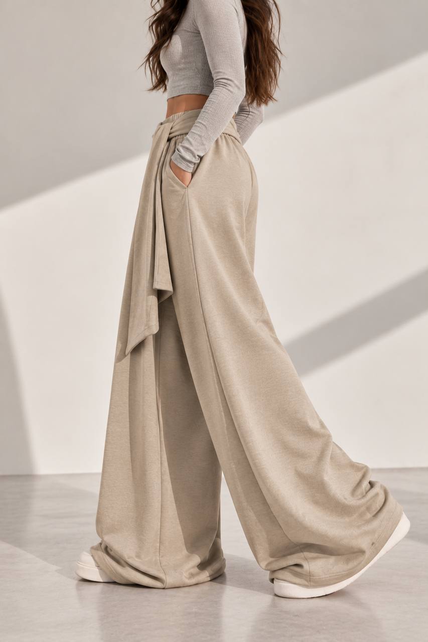 Draped Wide-Leg Pants – Beige