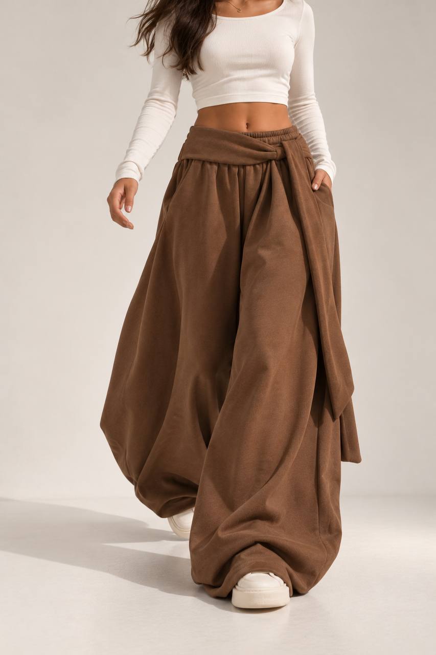 Draped Wide-Leg Pants – Brown