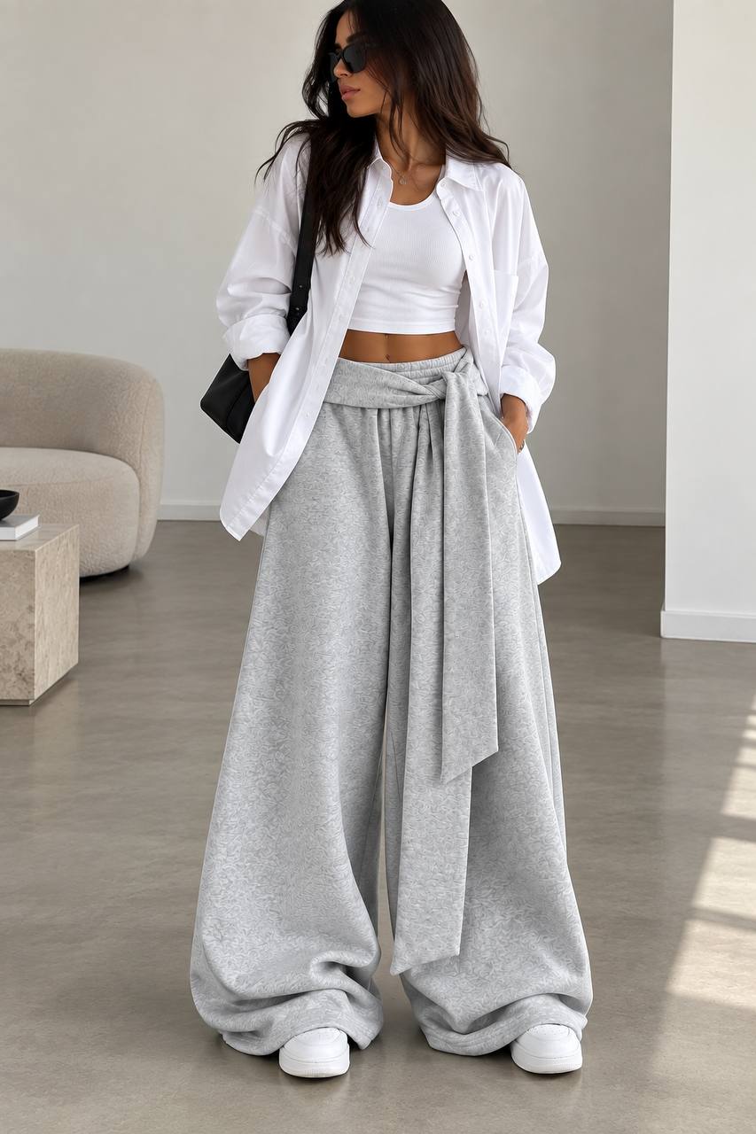 Draped Wide-Leg Pants – Light Grey