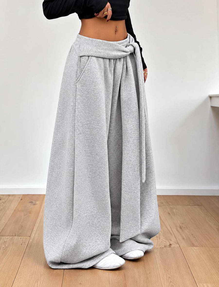 Draped Wide-Leg Pants – Light Grey