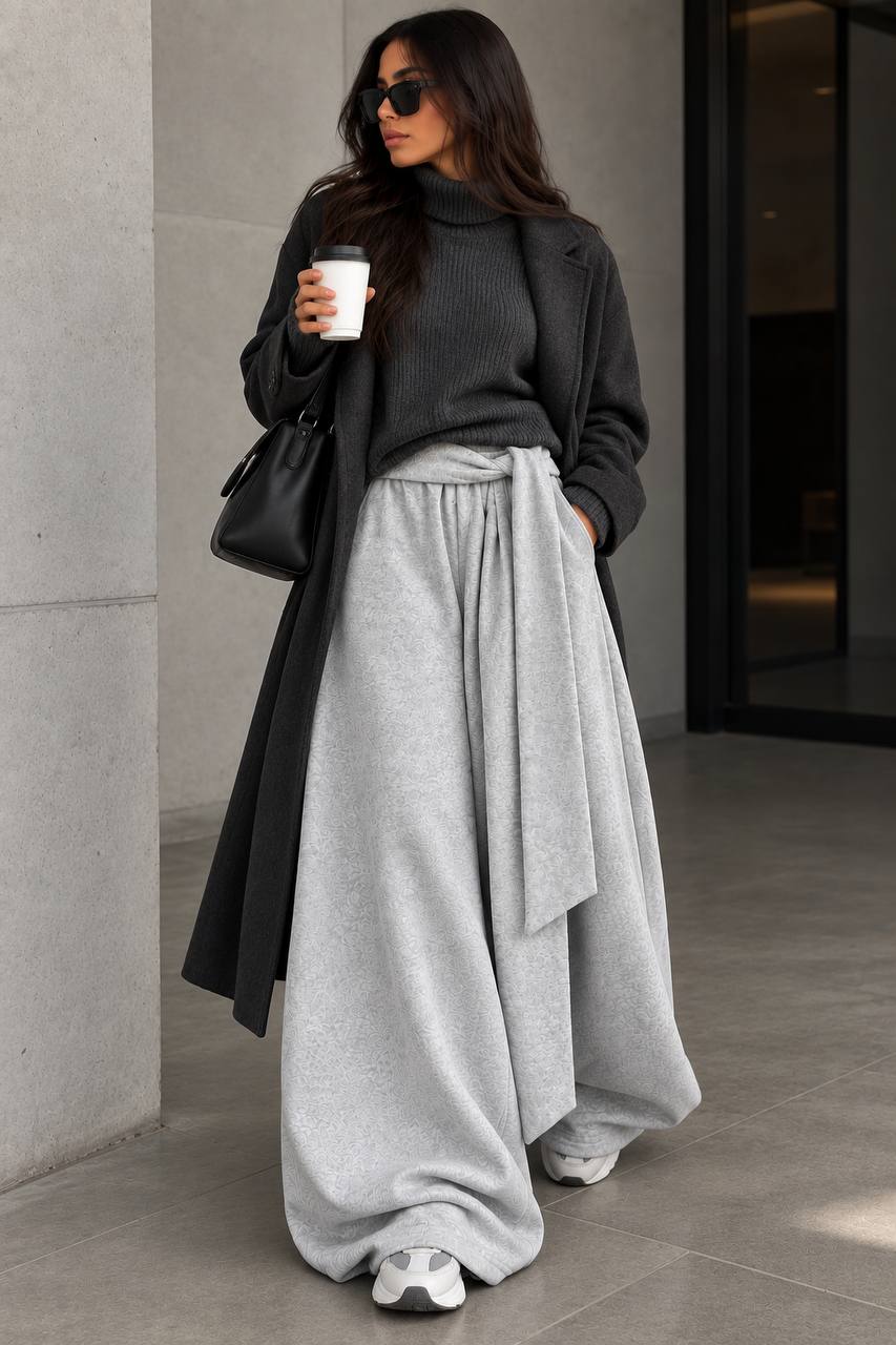 Draped Wide-Leg Pants – Light Grey